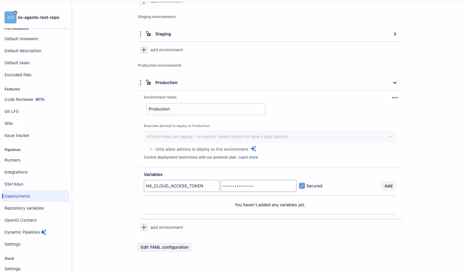 Use deployments variables to provide protected environment variable access